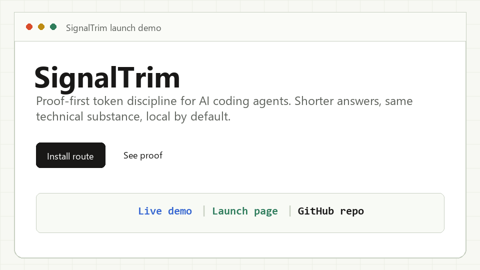 Animated SignalTrim demo showing launch links, shorter technical output, install routing, and proof metrics